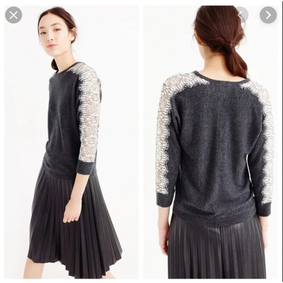 J.Crew | Gray Crewneck Edged Lace Sweater - Picture 1 of 7